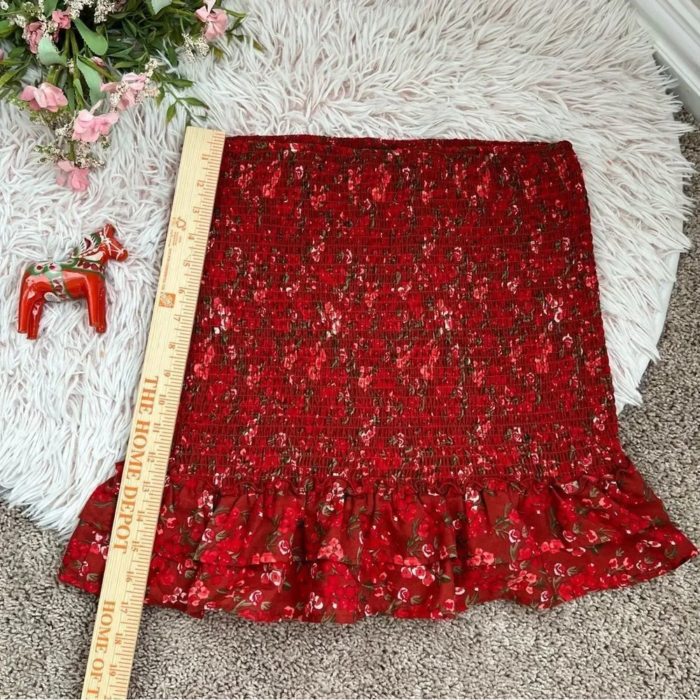 Crystal Doll Red Rose Floral Smocked Stretch Pull On Ruffle Hem Mini Skirt Sz L